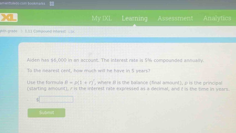 aiden has $6,000 in an account. the interest rate is 5% compounded annually. to the nearest cent, how much will he have in 5 years? use the formula $b = p(1 + r)^t$, where $b$ is the balance (final amount), $p$ is the principal (starting amount), $r$ is the interest rate expressed as a decimal, and $t$ is the time in years.
