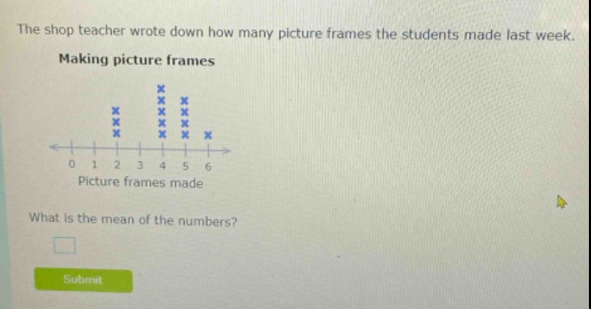 the shop teacher wrote down how many picture frames the students made last week. making picture frames what is the mean of the numbers?