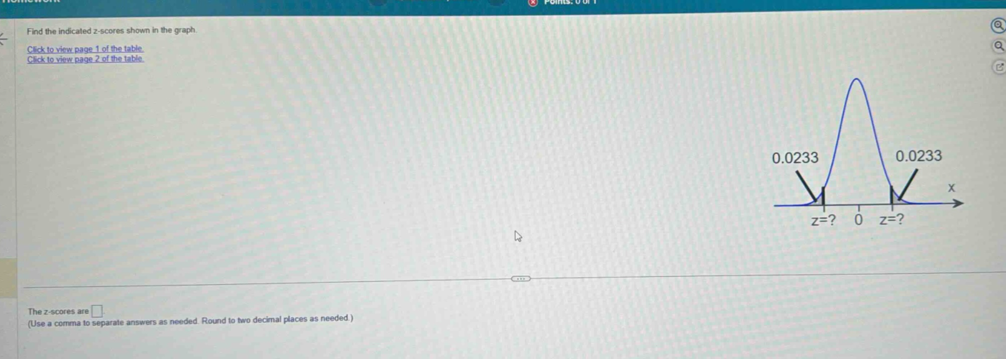 find the indicated z - scores shown in the graph. click to view page 1 of the table. click to view page 2 of the table. the z - scores are . (use a comma to separate answers as needed. round to two decimal places as needed.)
