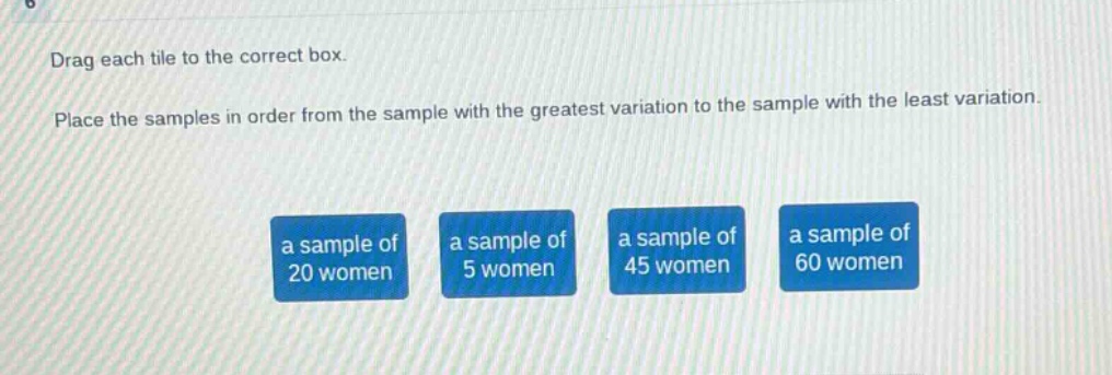 drag each tile to the correct box. place the samples in order from the sample with the greatest variation to the sample with the least variation. a sample of 20 women a sample of 5 women a sample of 45 women a sample of 60 women