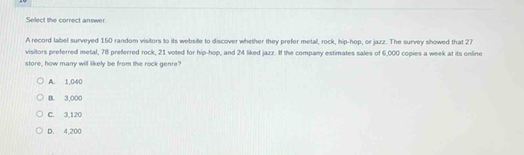 select the correct answer.\na record label surveyed 150 random visitors to its website to discover whether they prefer metal, rock, hip - hop, or jazz. the survey showed that 27 visitors preferred metal, 78 preferred rock, 21 voted for hip - hop, and 24 liked jazz. if the company estimates sales of 6,000 copies a week at its online store, how many will likely be from the rock genre?\na. 1,040\nb. 3,000\nc. 3,120\nd. 4,200