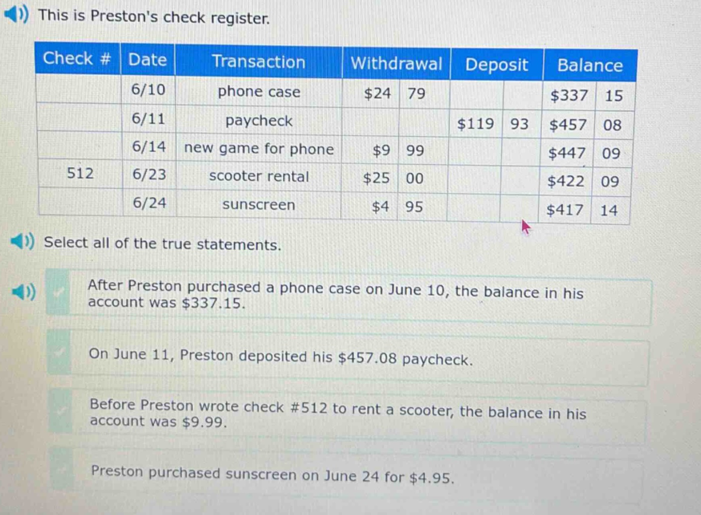 this is prestons check register. select all of the true statements. after preston purchased a phone case on june 10, the balance in his account was $337.15. on june 11, preston deposited his $457.08 paycheck. before preston wrote check #512 to rent a scooter, the balance in his account was $9.99. preston purchased sunscreen on june 24 for $4.95.