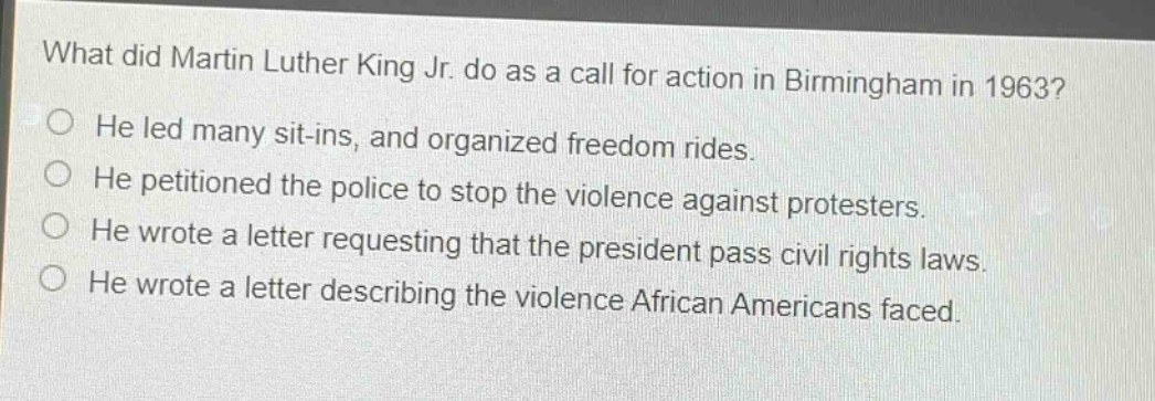 what did martin luther king jr. do as a call for action in birmingham in 1963?\nhe led many sit - ins, and organized freedom rides.\nhe petitioned the police to stop the violence against protesters.\nhe wrote a letter requesting that the president pass civil rights laws.\nhe wrote a letter describing the violence african americans faced.