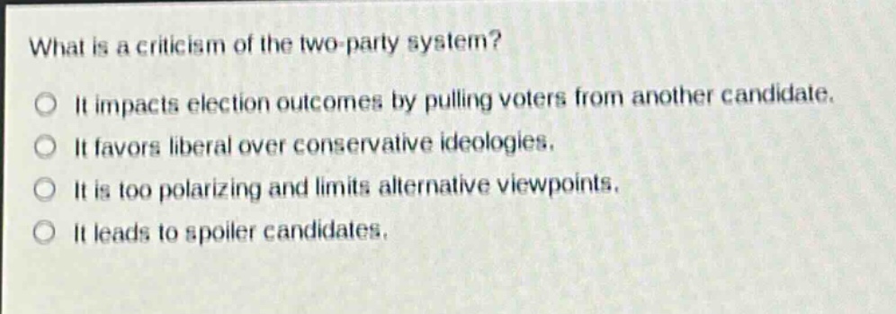 what is a criticism of the two - party system?\no it impacts election outcomes by pulling voters from another candidate.\no it favors liberal over conservative ideologies.\no it is too polarizing and limits alternative viewpoints.\no it leads to spoiler candidates.