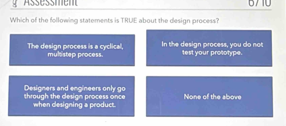 which of the following statements is true about the design process? the design process is a cyclical, multistep process. in the design process, you do not test your prototype. designers and engineers only go through the design process once when designing a product. none of the above