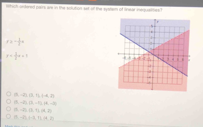 which ordered pairs are in the solution set of the system of linear inequalities?\n$y\\geq -\\frac{1}{2}x$\n$y<\\frac{1}{2}x + 1$\n(5, -2), (3, 1), (-4, 2)\n(5, -2), (3, -1), (4, -3)\n(5, -2), (3, 1), (4, 2)\n(5, -2), (-3, 1), (4, 2)