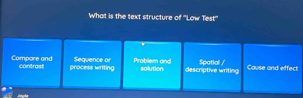 what is the text structure of \low test\ compare and contrast sequence or process writing problem and solution spatial / descriptive writing cause and effect
