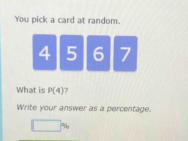 you pick a card at random. 4 5 6 7 what is p(4)? write your answer as a percentage. %