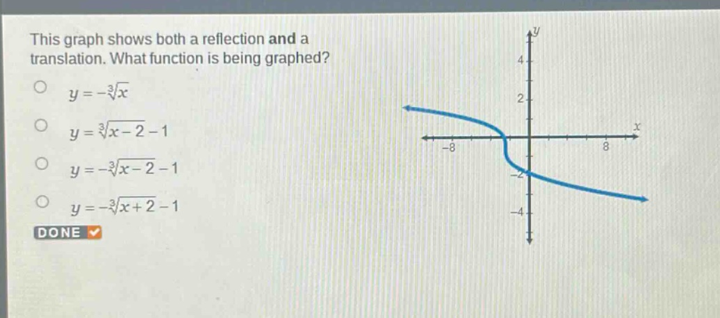 this graph shows both a reflection and a translation. what function is being graphed?\n$y = -\\sqrt3{x}$\n$y = \\sqrt3{x - 2}-1$\n$y = -\\sqrt3{x - 2}-1$\n$y = -\\sqrt3{x + 2}-1$\ndone