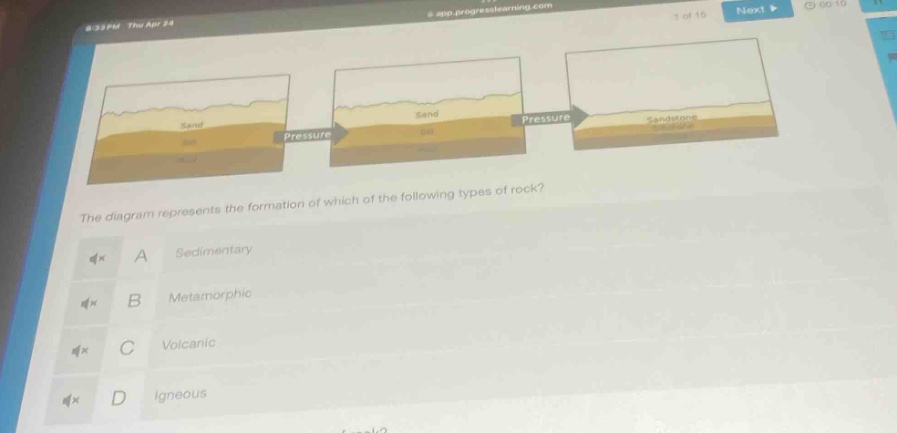 the diagram represents the formation of which of the following types of rock? a sedimentary b metamorphic c volcanic d igneous