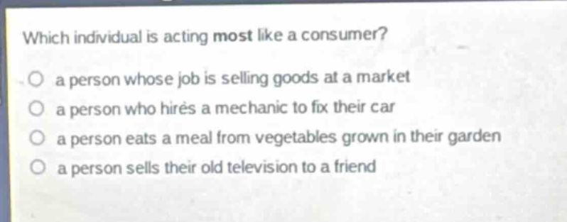 which individual is acting most like a consumer?\n○ a person whose job is selling goods at a market\n○ a person who hires a mechanic to fix their car\n○ a person eats a meal from vegetables grown in their garden\n○ a person sells their old television to a friend