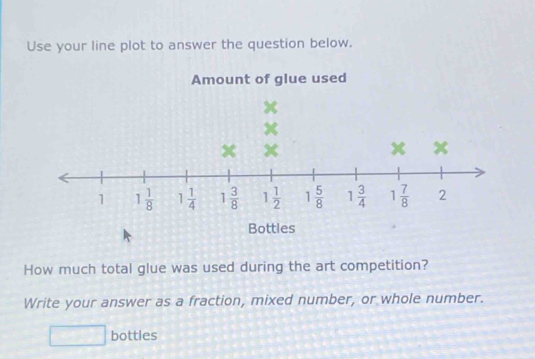 use your line plot to answer the question below. amount of glue used how much total glue was used during the art competition? write your answer as a fraction, mixed number, or whole number. bottles