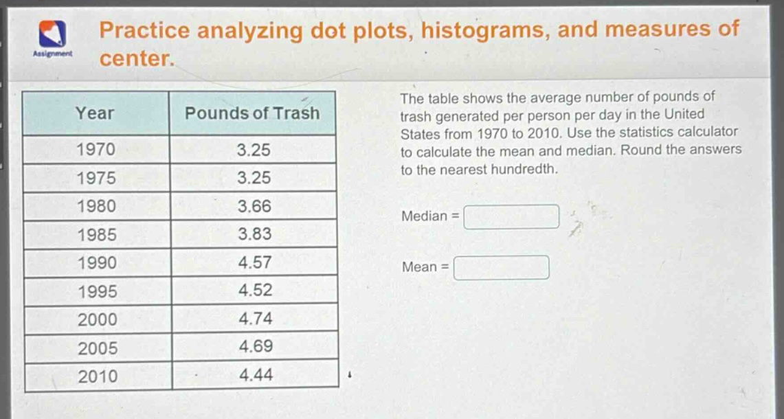 practice analyzing dot plots, histograms, and measures of center. the table shows the average number of pounds of trash generated per person per day in the united states from 1970 to 2010. use the statistics calculator to calculate the mean and median. round the answers to the nearest hundredth.\n| year | pounds of trash |\n| ---- | ---- |\n| 1970 | 3.25 |\n| 1975 | 3.25 |\n| 1980 | 3.66 |\n| 1985 | 3.83 |\n| 1990 | 4.57 |\n| 1995 | 4.52 |\n| 2000 | 4.74 |\n| 2005 | 4.69 |\n| 2010 | 4.44 |\nmedian = \nmean =