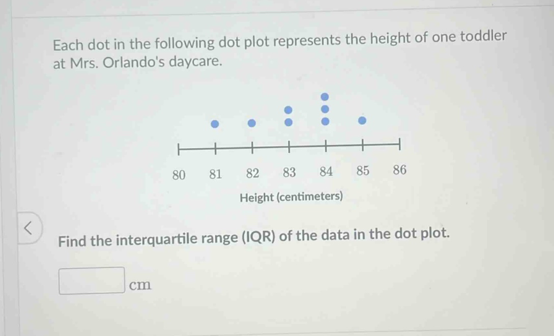 each dot in the following dot plot represents the height of one toddler at mrs. orlandos daycare. find the interquartile range (iqr) of the data in the dot plot. cm