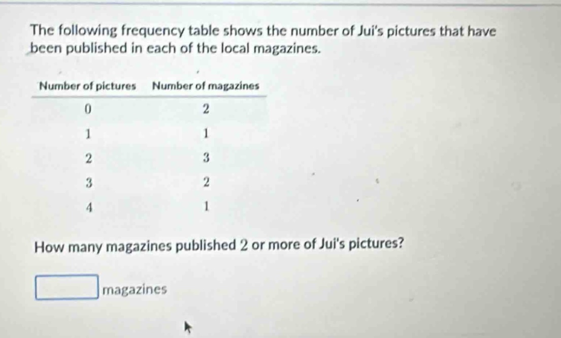 the following frequency table shows the number of juis pictures that have been published in each of the local magazines.\nnumber of pictures number of magazines\n0 2\n1 1\n2 3\n3 2\n4 1\nhow many magazines published 2 or more of juis pictures?\nmagazines