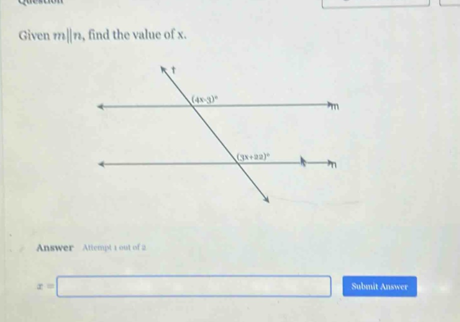 given m||n, find the value of x.\nanswer attempt 1 out of 2\nx =