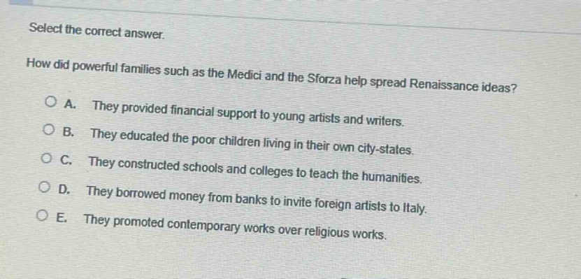 select the correct answer.\nhow did powerful families such as the medici and the sforza help spread renaissance ideas?\na. they provided financial support to young artists and writers.\nb. they educated the poor children living in their own city - states.\nc. they constructed schools and colleges to teach the humanities.\nd. they borrowed money from banks to invite foreign artists to italy.\ne. they promoted contemporary works over religious works.