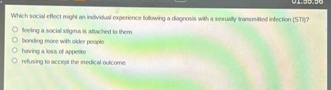 which social effect might an individual experience following a diagnosis with a sexually transmitted infection (sti)?\nfeeling a social stigma is attached to them\nbonding more with older people\nhaving a loss of appetite\nrefusing to accept the medical outcome