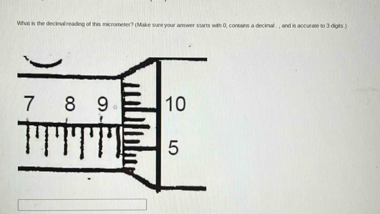 what is the decimal reading of this micrometer? (make sure your answer starts with 0, contains a decimal ., and is accurate to 3 digits.)