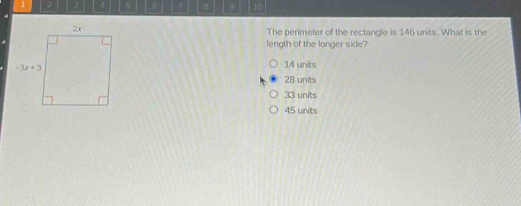 the perimeter of the rectangle is 146 units. what is the length of the longer side?\n14 units\n28 units\n33 units\n45 units