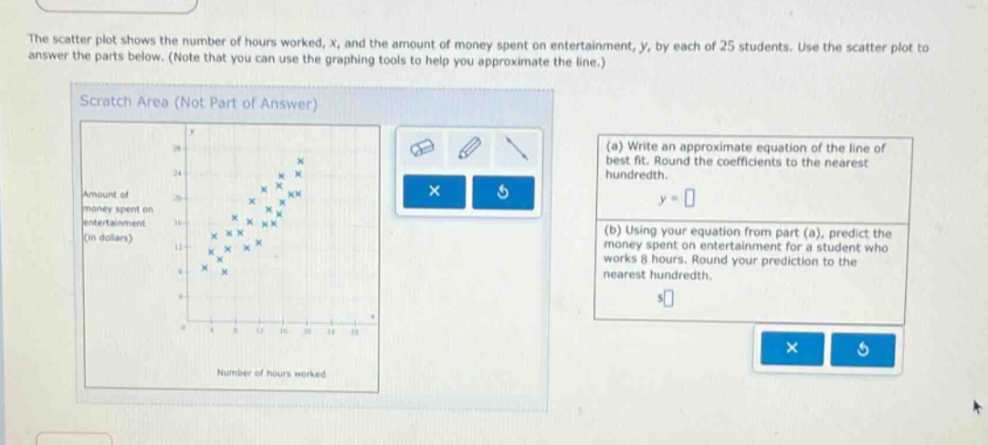 the scatter plot shows the number of hours worked, x, and the amount of money spent on entertainment, y, by each of 25 students. use the scatter plot to answer the parts below. (note that you can use the graphing tools to help you approximate the line.) (a) write an approximate equation of the line of best fit. round the coefficients to the nearest hundredth. y = (b) using your equation from part (a), predict the money spent on entertainment for a student who works 8 hours. round your prediction to the nearest hundredth. $
