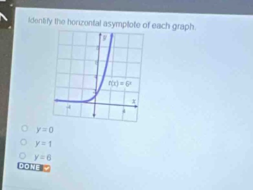 identify the horizontal asymptote of each graph.\nt(x)=6^{x}\n(y = 0)\n(y = 1)\n(y = 6)\ndone
