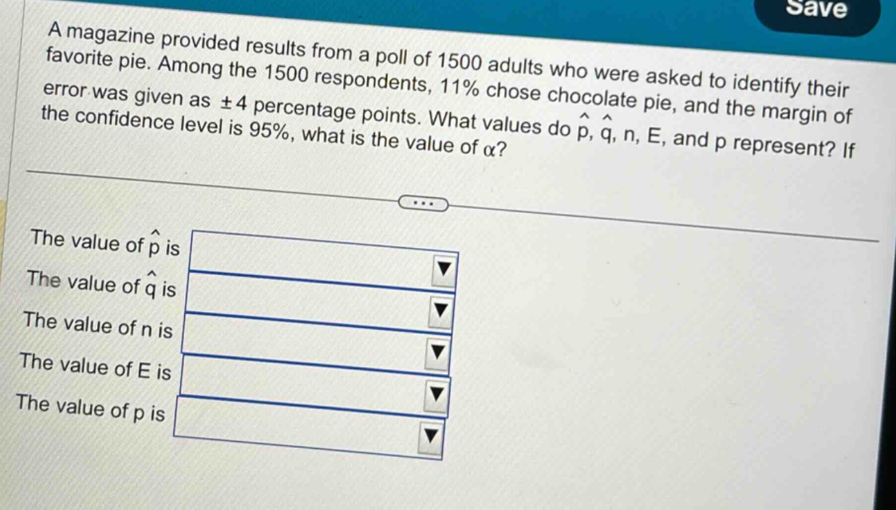 a magazine provided results from a poll of 1500 adults who were asked to identify their favorite pie. among the 1500 respondents, 11% chose chocolate pie, and the margin of error was given as ±4 percentage points. what values do $hat{p}$, $hat{q}$, n, e, and p represent? if the confidence level is 95%, what is the value of $alpha$?\nthe value of $hat{p}$ is\nthe value of $hat{q}$ is\nthe value of n is\nthe value of e is\nthe value of p is