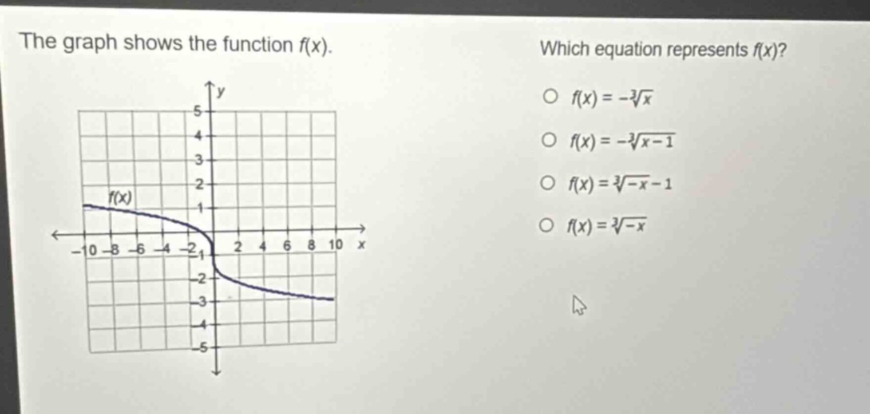 the graph shows the function f(x). which equation represents f(x)? o f(x)=-\\sqrt3{x} o f(x)=-\\sqrt3{x - 1} o f(x)=\\sqrt3{-x}-1 o f(x)=\\sqrt3{-x}