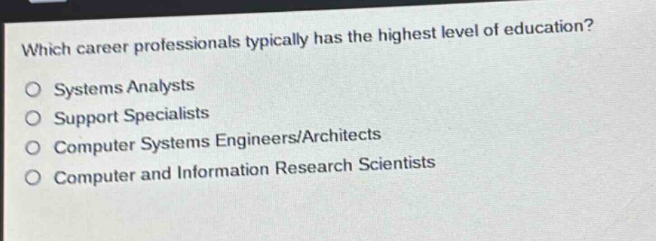 which career professionals typically has the highest level of education?\no systems analysts\no support specialists\no computer systems engineers/architects\no computer and information research scientists