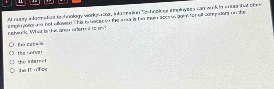 at many information technology workplaces, information technology employees can work in areas that other employees are not allowed. this is because the area is the main access point for all computers on the network. what is this area referred to as?\no the cubicle\no the server\no the internet\no the it office