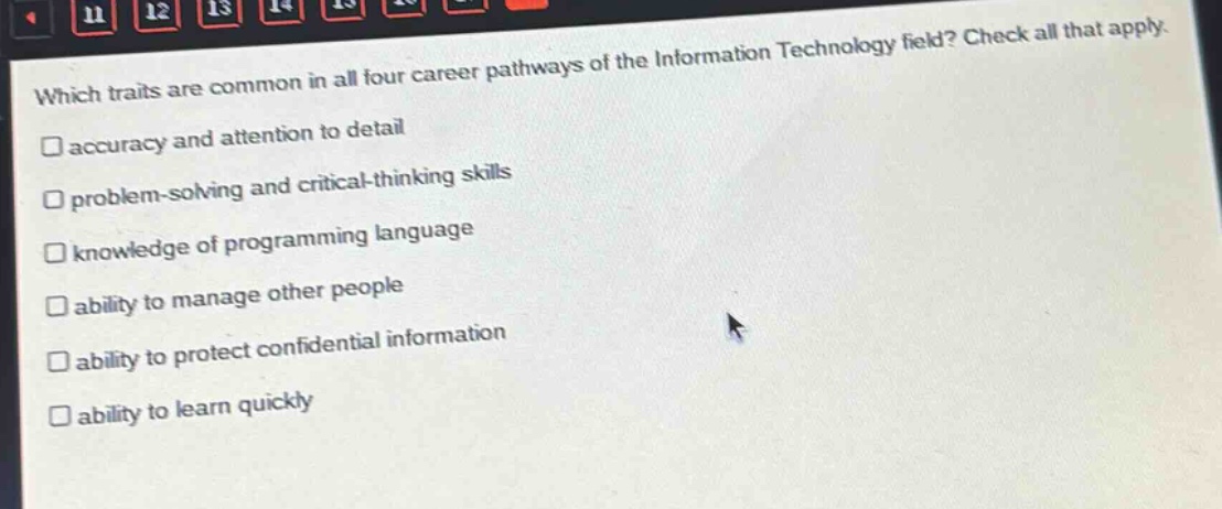 which traits are common in all four career pathways of the information technology field? check all that apply.\n□ accuracy and attention to detail\n□ problem - solving and critical - thinking skills\n□ knowledge of programming language\n□ ability to manage other people\n□ ability to protect confidential information\n□ ability to learn quickly