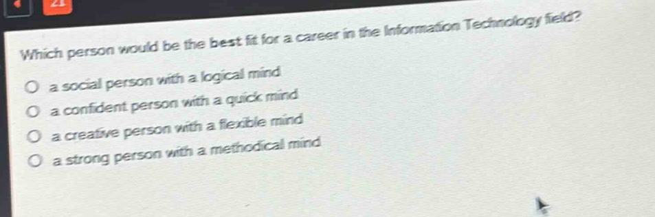 which person would be the best fit for a career in the information technology field?\no a social person with a logical mind\no a confident person with a quick mind\no a creative person with a flexible mind\no a strong person with a methodical mind