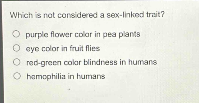 which is not considered a sex - linked trait?\no purple flower color in pea plants\no eye color in fruit flies\no red - green color blindness in humans\no hemophilia in humans