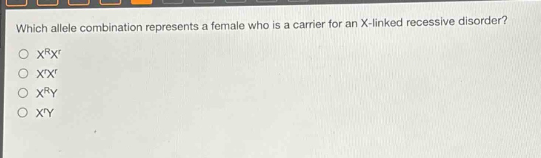 which allele combination represents a female who is a carrier for an x - linked recessive disorder?\no $x^{r}x^{r}$\no $x^{r}x^{r}$\no $x^{r}y$\no $x^{r}y$