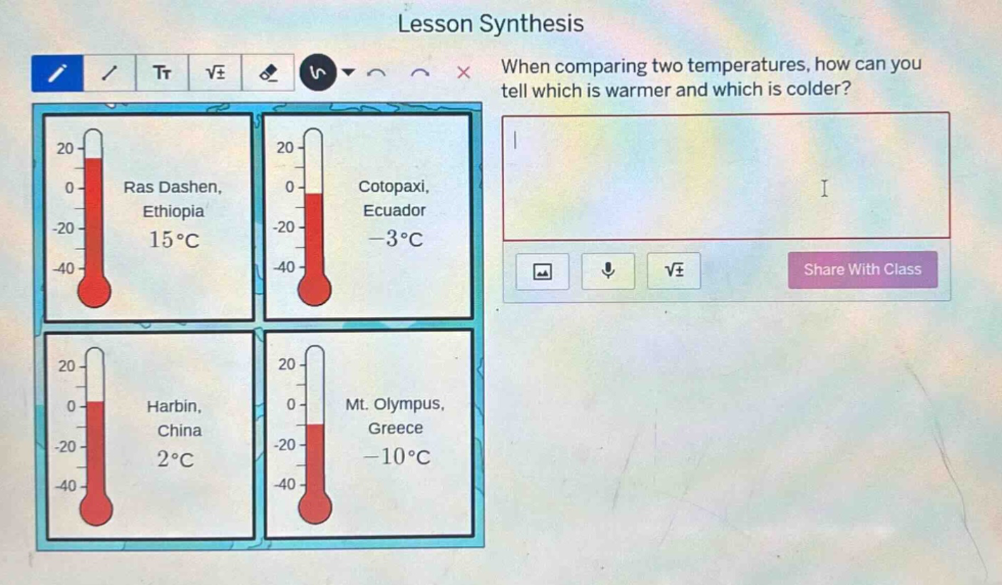 lesson synthesis\nwhen comparing two temperatures, how can you tell which is warmer and which is colder?\nras dashen, ethiopia 15°c\ncotopaxi, ecuador -3°c\nharbin, china 2°c\nmt. olympus, greece -10°c