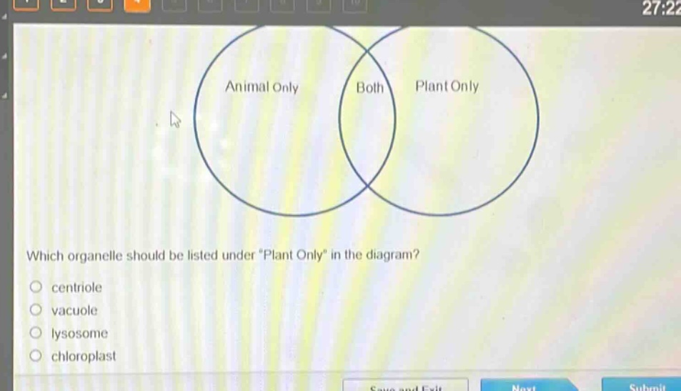 which organelle should be listed under \plant only\ in the diagram?\ncentriole\nvacuole\nlysosome\nchloroplast