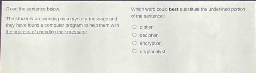 read the sentence below. the students are working on a mystery message and they have found a computer program to help them with the process of encoding their message. which word could best substitute the underlined portion of the sentence? cipher decipher encryption cryptanalyst