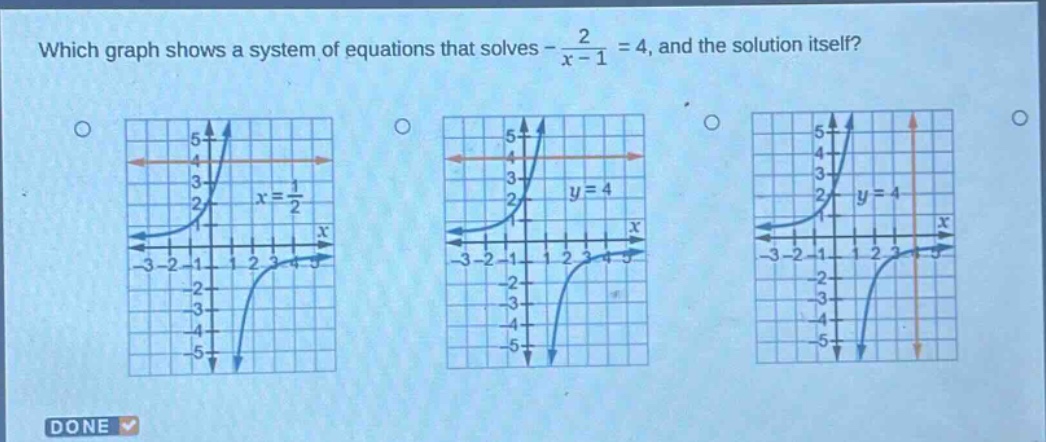 which graph shows a system of equations that solves -\\frac{2}{x - 1}=4, and the solution itself?
