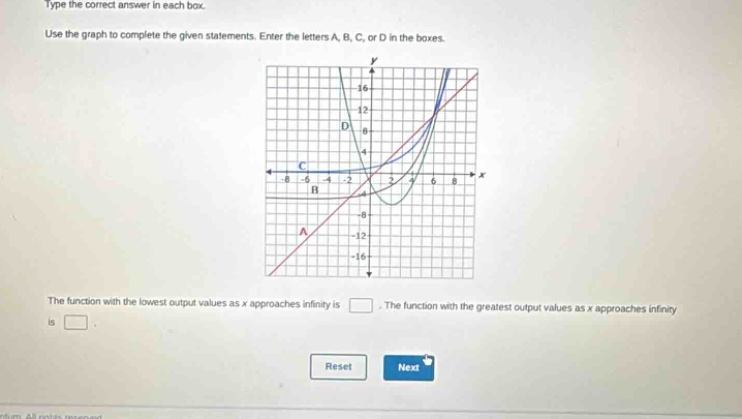 type the correct answer in each box. use the graph to complete the given statements. enter the letters a, b, c, or d in the boxes. the function with the lowest output values as x approaches infinity is . the function with the greatest output values as x approaches infinity is .