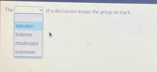 the of a discussion keeps the group on track. speaker listener moderator overseer