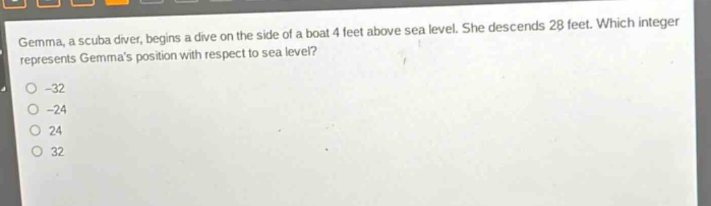 gemma, a scuba diver, begins a dive on the side of a boat 4 feet above sea level. she descends 28 feet. which integer represents gemmas position with respect to sea level?\n-32\n-24\n24\n32