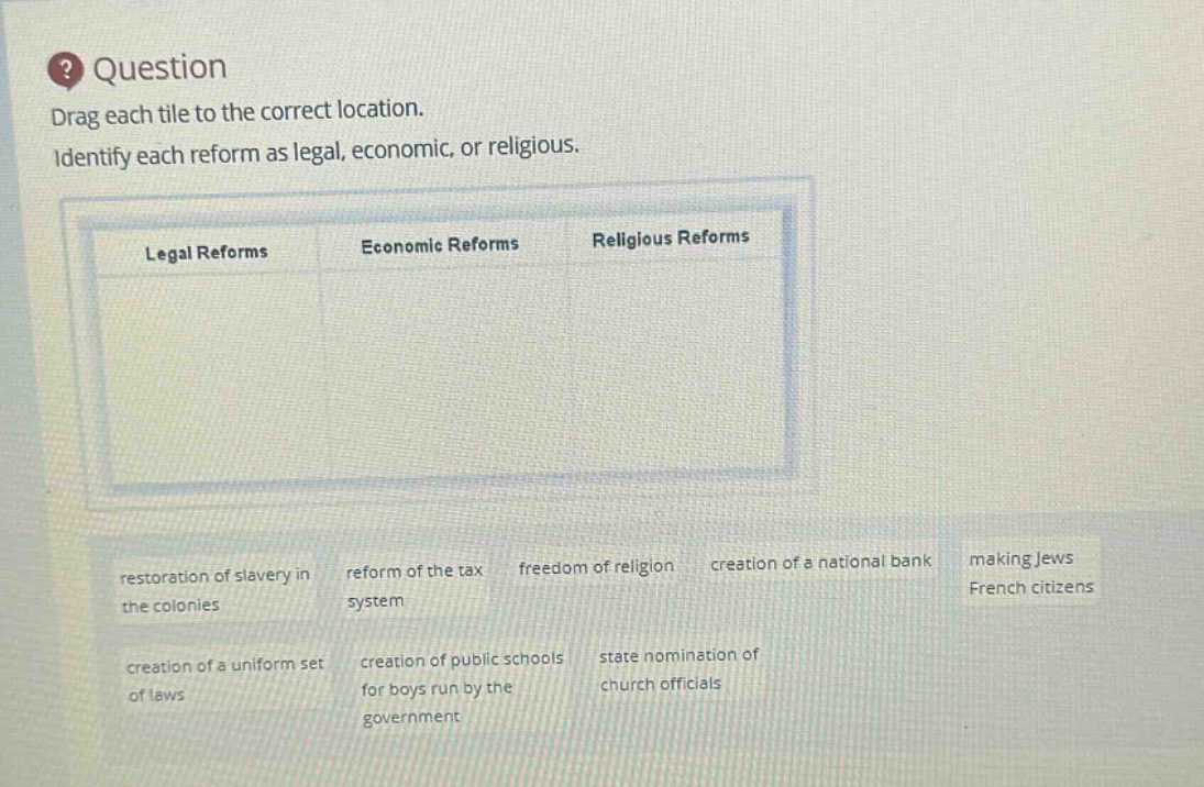 question\ndrag each tile to the correct location.\nidentify each reform as legal, economic, or religious.\nlegal reforms economic reforms religious reforms\nrestoration of slavery in the colonies reform of the tax system freedom of religion creation of a national bank making jews french citizens\ncreation of a uniform set of laws creation of public schools for boys run by the government state nomination of church officials