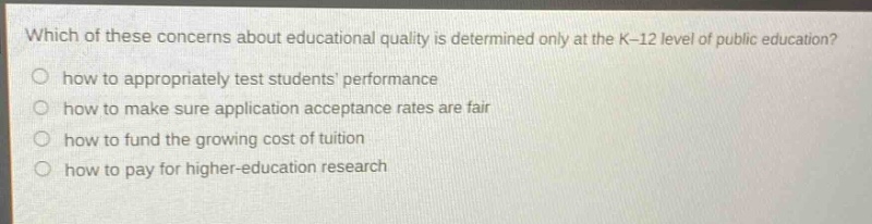 which of these concerns about educational quality is determined only at the k - 12 level of public education?\n○ how to appropriately test students performance\n○ how to make sure application acceptance rates are fair\n○ how to fund the growing cost of tuition\n○ how to pay for higher - education research