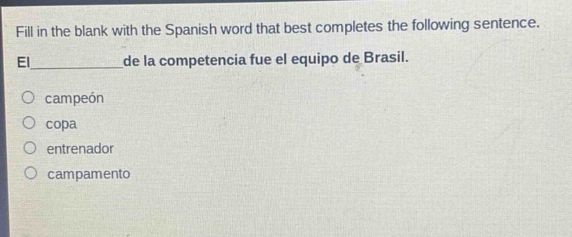 fill in the blank with the spanish word that best completes the following sentence. el______de la competencia fue el equipo de brasil. \n○ campeón\n○ copa\n○ entrenador\n○ campamento