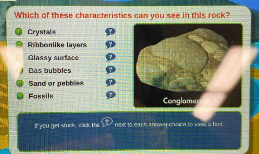 which of these characteristics can you see in this rock? crystals ribbonlike layers glassy surface gas bubbles sand or pebbles fossils if you get stuck, click the ? next to each answer choice to view a hint.