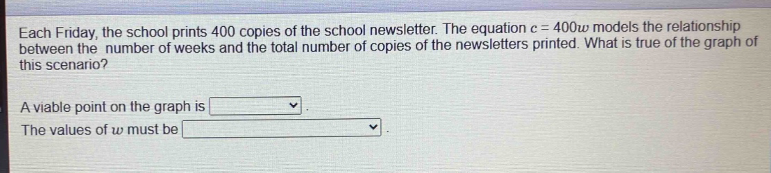 each friday, the school prints 400 copies of the school newsletter. the equation c = 400w models the relationship between the number of weeks and the total number of copies of the newsletters printed. what is true of the graph of this scenario? a viable point on the graph is. the values of w must be.