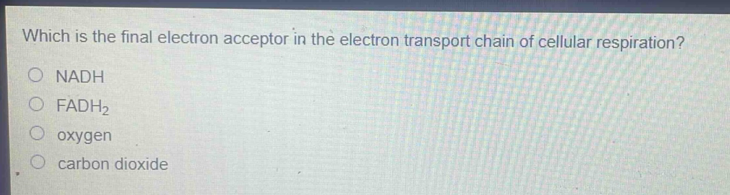 which is the final electron acceptor in the electron transport chain of cellular respiration?\no nadh\no fadh₂\no oxygen\no carbon dioxide