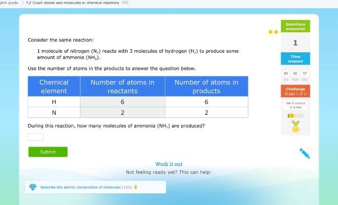 consider the same reaction: 1 molecule of nitrogen (n₂) reacts with 3 molecules of hydrogen (h₂) to produce some amount of ammonia (nh₃). use the number of atoms in the products to answer the question below. chemical element | number of atoms in reactants | number of atoms in products h | 6 | 6 n | 2 | 2 during this reaction, how many molecules of ammonia (nh₃) are produced?
