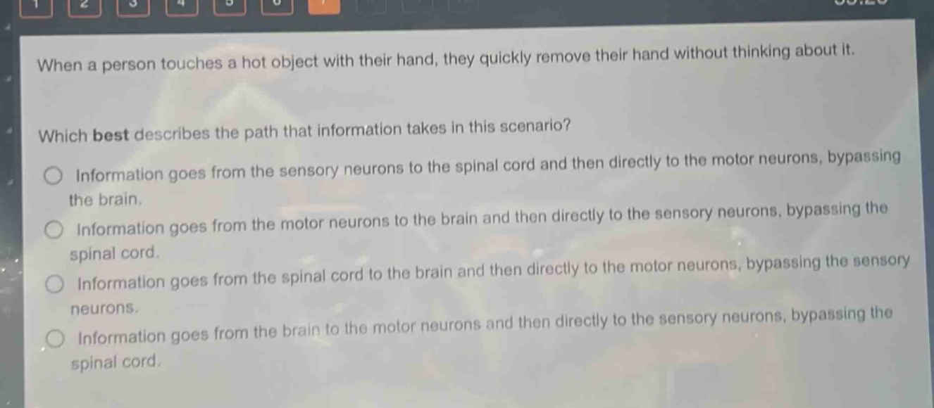 when a person touches a hot object with their hand, they quickly remove their hand without thinking about it. which best describes the path that information takes in this scenario? information goes from the sensory neurons to the spinal cord and then directly to the motor neurons, bypassing the brain. information goes from the motor neurons to the brain and then directly to the sensory neurons, bypassing the spinal cord. information goes from the spinal cord to the brain and then directly to the motor neurons, bypassing the sensory neurons. information goes from the brain to the motor neurons and then directly to the sensory neurons, bypassing the spinal cord.
