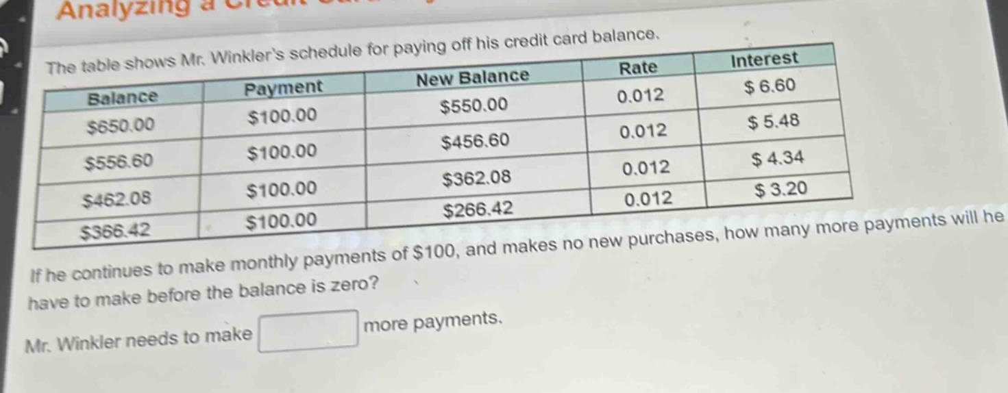 the table shows mr. winklers schedule for paying off his credit card balance.\nif he continues to make monthly payments of $100, and makes no new purchases, how many more payments will he have to make before the balance is zero?\nmr. winkler needs to make more payments.